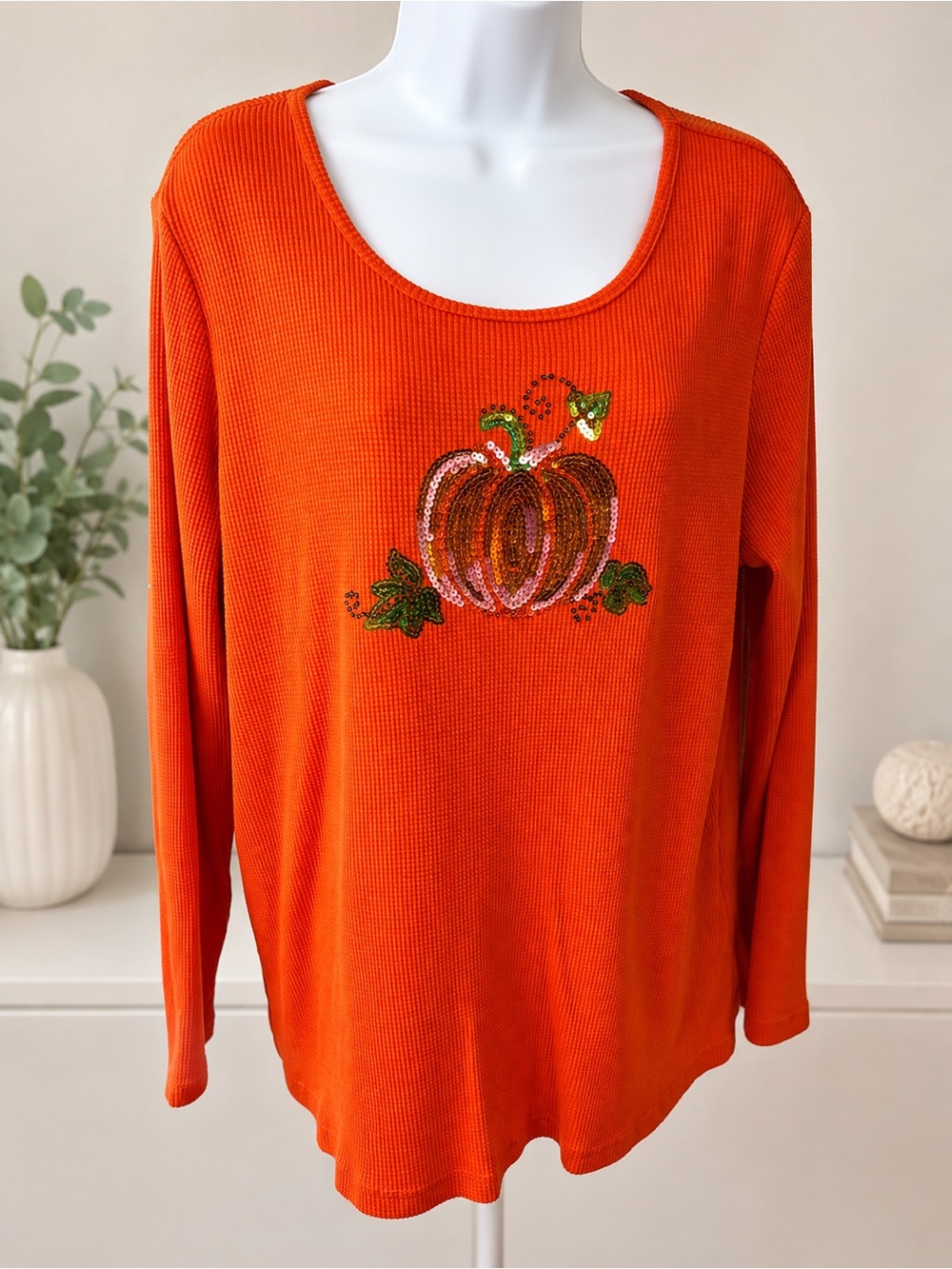 Quacker Factory XL Orange Sequin Pumpkin Waffle Knit Long Sleeve Top